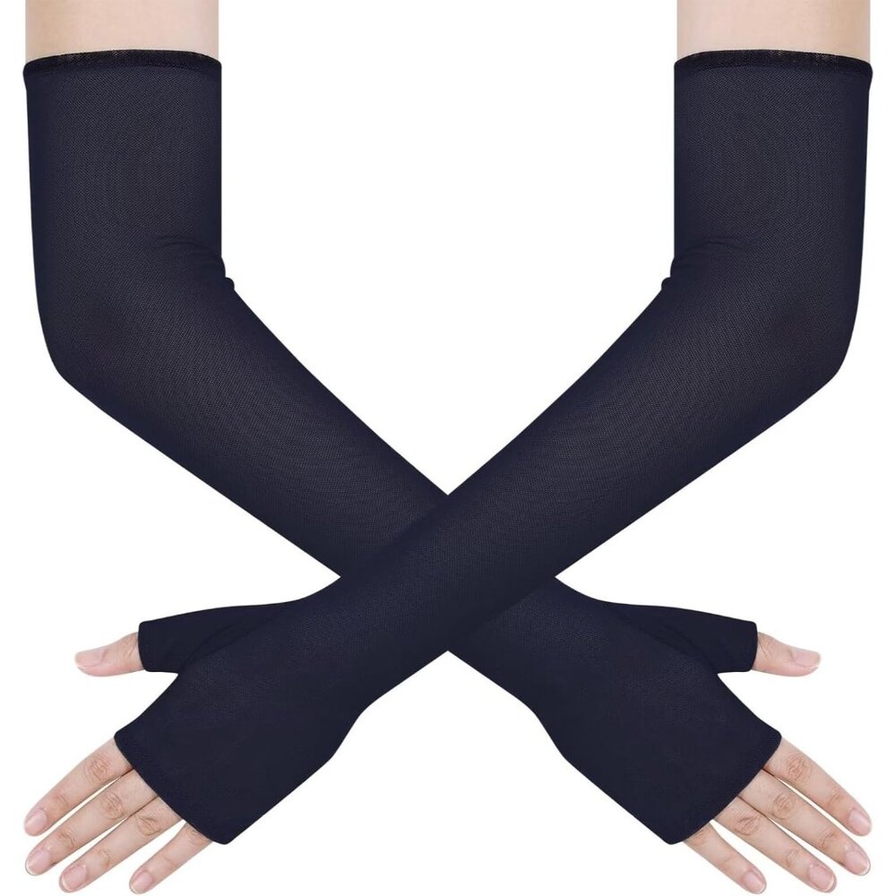 Women's Long Navy Tulle Sheer Satin Gloves Elbow Length Wedding Party Costume
